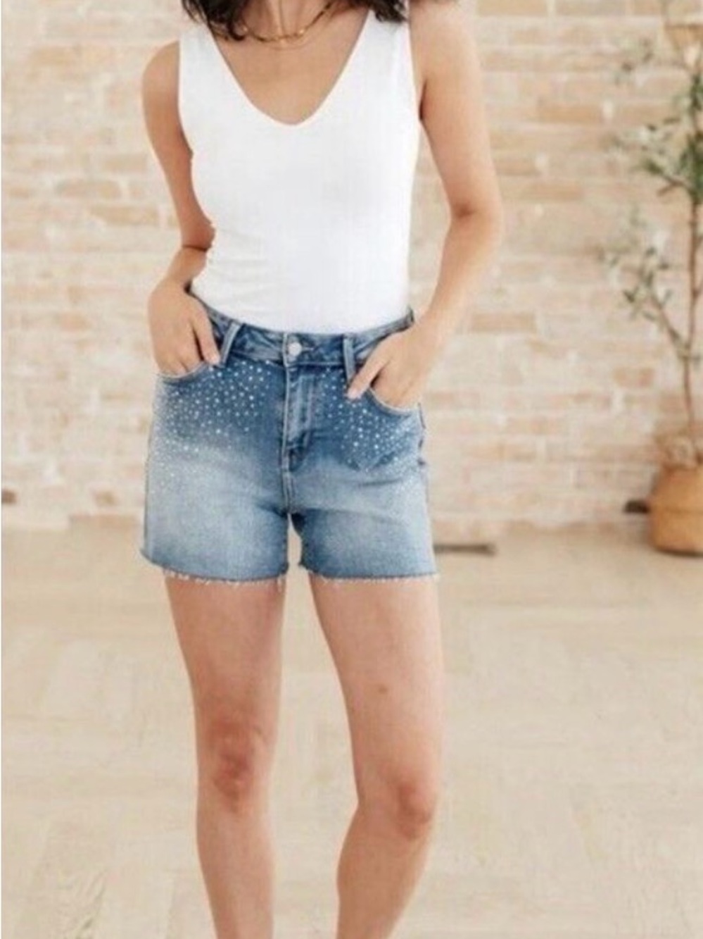 Judy Blue Rhinestone Elle Jean Shorts‎ Sz Large High Rise Cutoff Distressed - Picture 2 of 14